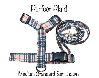 Tan tartan plaid dog harness and leash set, standard Roman harness, step in harness, adjustable dog harness, plaid dog harness, washable