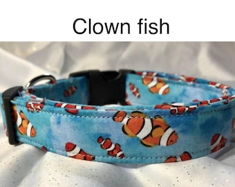 Clownfish handmade dog collar, adjustable side release, washable cotton fabric, webbing core