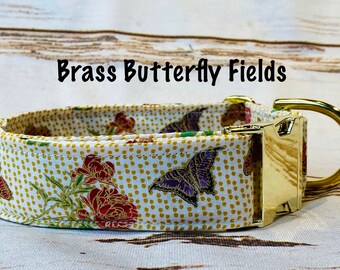 Butterfly dog collar, brass dog collar, adjustable collar, girl dog collar, side release collar, butterflies, brass hardware, washable, gold