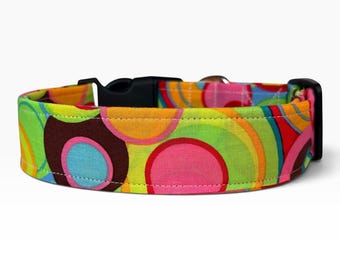 Colorful Circle geometric handmade dog collar, adjustable side release, washable cotton fabric, webbing core, customizable hardware color