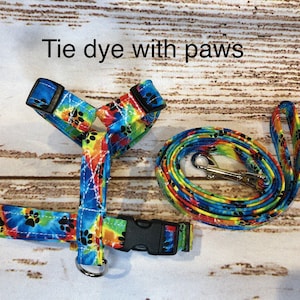 Tie Dye Dog Harness and Leash Set: Paw Print Step-In or Standard Roman Harness