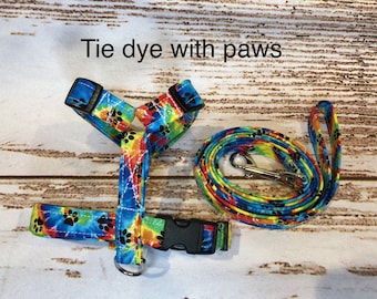 Dog harness, Harness and leash, step in harness, standard harness, dog harness set, tye die, hippy, tie dye harness, paws, tie dye print