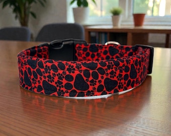 Paw Print on Red Handmade dog collar, adjustable side release, washable cotton fabric, webbing core, customizable hardware color