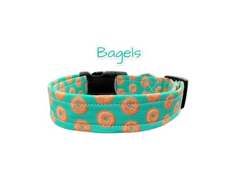 Bagel dog collar, teal dog collar, adjustable collar, handmade fabric dog collar, side release, washable, funny dog collar, food collar