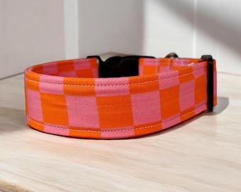 Retro checkered dog collar, girl dog collar, handmade side release collar, washable fabric dog collar, pink and orange checkered print