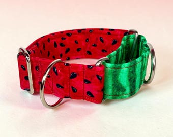 Watermelon summer martingale handmade dog collar, adjustable, washable, stainless steel hardware or matching leash