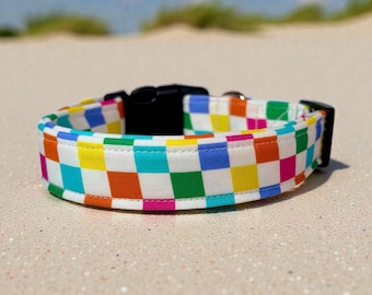 Retro Checkered Rainbow Handmade Dog Collar: Adjustable side release, washable fabric, webbing core, customizable hardware