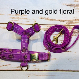 Floral Dog Harness and Leash Set: Purple & Gold, Brass Hardware