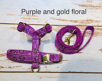 Dog harness, Harness and leash, step in harness, standard harness, dog harness set, brass hardware, floral dog harness, purple floral