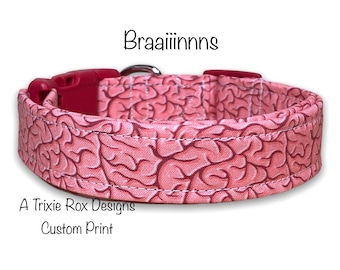 Brain dog collar, funny dog collar, adjustable, washable, eco friendly, side release dog collar, pink, brains, zombies, cat collar