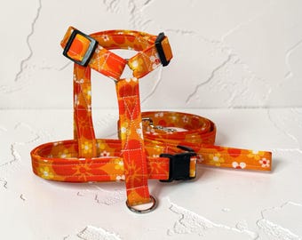 Orange hibiscus Hawaiian floral dog harness and leash set, standard Roman or step in, leash optional, washable cotton fabric, webbing core