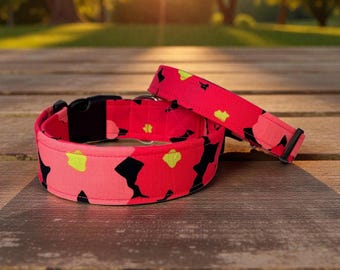 Pink and black Handmade floral dog collar: Washable fabric, adjustable side release, webbing core, customizable hardware, wide dog collar