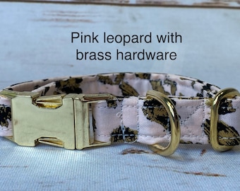 Pink leopard dog collar, brass hardware, pink leopard, dog collar, dog collar girl, adjustable, washable, brass, eco friendly collar, girl