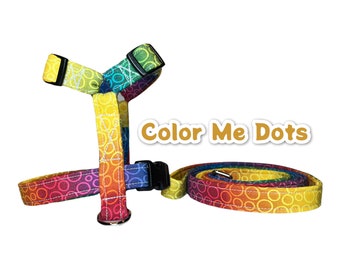 Rainbow dog harness and matching leash, pet harness & leash set, standard roman harness, step in harness, adjustable washable pet harness