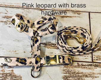 Dog harness, Harness and leash, step in harness, standard harness, dog harness set, brass hardware, pink leopard, adjustable dog harness