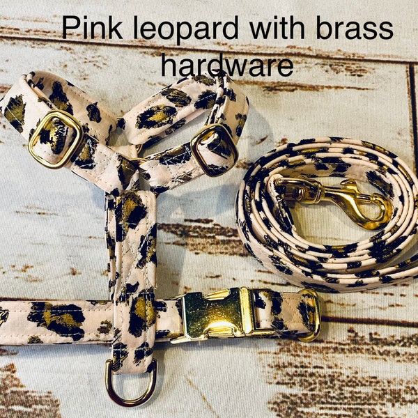 Dog harness, Harness and leash, step in harness, standard harness, dog harness set, brass hardware, pink leopard, adjustable dog harness