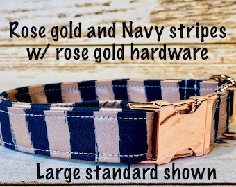 Striped dog collar, rose gold, navy, rose gold hardware, side release collar, adjustable, washable collar, fabric dog collar, eco friendly