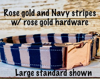 Striped dog collar, rose gold, navy, rose gold hardware, side release collar, adjustable, washable collar, fabric dog collar, eco friendly