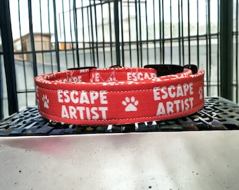 Escape artist dog collar, funny dog collar, side release adjustable collar, washable dog collar, handmade dog collar, cherry red dog collar