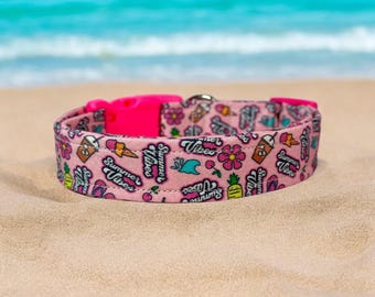 Handmade Dog Collar, Pink Cotton Summer Print with Adjustable Side Release Buckle