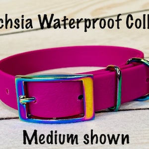 Waterproof dog collar, fuchsia dog collar, dog collar, buckle dog collar, waterproof dog collar, vegan leather, rainbow hardware, waterproof