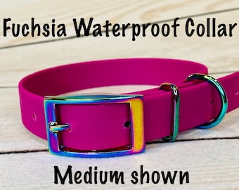 Waterproof dog collar, fuchsia dog collar, dog collar, buckle dog collar, waterproof dog collar, vegan leather, rainbow hardware, waterproof