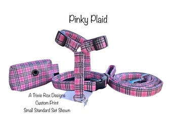Pink plaid dog harness and leash set, matching poop bag dispenser, adjustable dog harness, step in dog harness, standard Roman dog harness