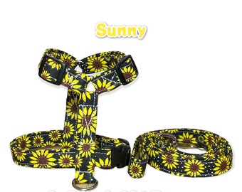 Sunflower harness and leash set, dog harness, standard Roman harness, step in harness, matching leash, dog harness set, adjustable, washable