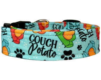 Couch Potato dog collar, funny dog collar, boy dog collar, side release, adjustable, washable, handmade dog collar, custom dog collar