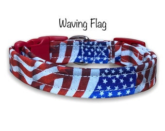 American flag dog collar, dog collar, American flag, cat collar, adjustable, washable, USA flag, made in the USA print, red, white, blue