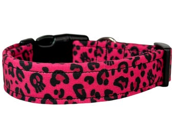 90’s cheetah print dog collar, girl dog collar, handmade side release collar, washable fabric dog collar, Pink leopard print dog collar