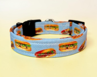 Hoagie sandwich Funny handmade dog collar: Adjustable side release, washable cotton fabric, webbing core, customizable hardware color