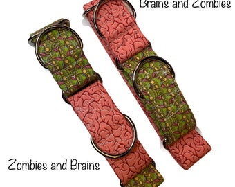 Zombie Dog collar, Martingale dog collar, gentle choke dog collar, zombie and brains, eco friendly collar, washable, funny martingale collar