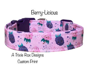 Berry Dog Collar, Pink Cotton Fabric with Adjustable Side-Release Hardware