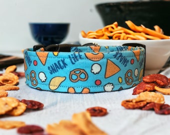 Snack life dog collar, funny dog collar, food dog collar, side release adjustable collar, washable dog collar, handmade dog collar, Blue