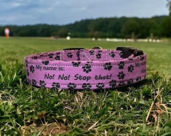 My name is no dog collar, funny dog collar, handmade, side release dog collar, adjustable, washable, pet collar, fabric dog collar, purple