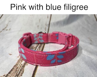 Pink with blue filligree, standard adjustable dog collar,  or martingale collar