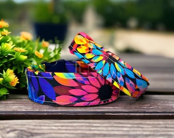 Floral dog collar, bright floral print, girl dog collar, handmade dog collar, side release adjustable collar, washable dog collar,  flowers