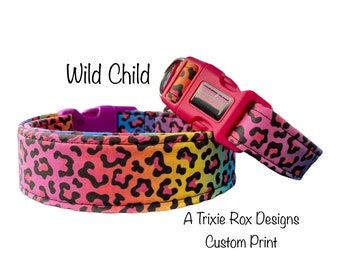 Cheetah print dog collar, leopard print dog collar, rainbow, side release collar, adjustable collar, washable collar, cat collar, ombre