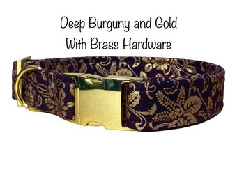Burgundy and Gold Floral dog collar, floral dog collar, side release collar, brass hardware, adjustable collar, washable, fabric dog collar
