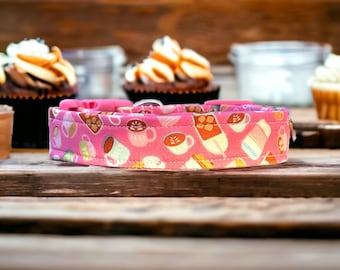 Iced coffee dog collar, girl dog collar, side release adjustable collar, washable dog collar, handmade dog collar, pink dog collar, coffee