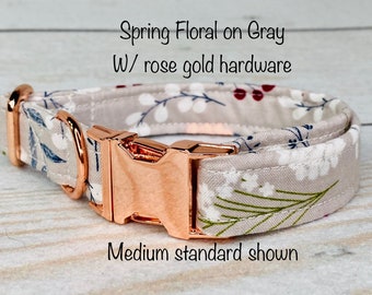 Floral dog collar, dog collar, girl dog collar, collar for dogs, rose gold dog collar, gray floral dog collar, adjustable side release