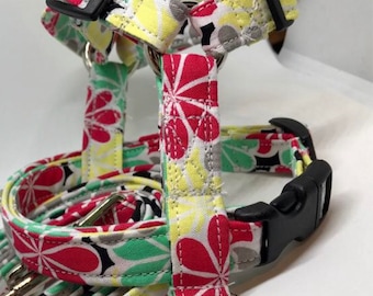 Dog harness, harness and leash, step in harness, standard harness, dog harness set, adjustable harness, mint, yellow, red, and gray flowers