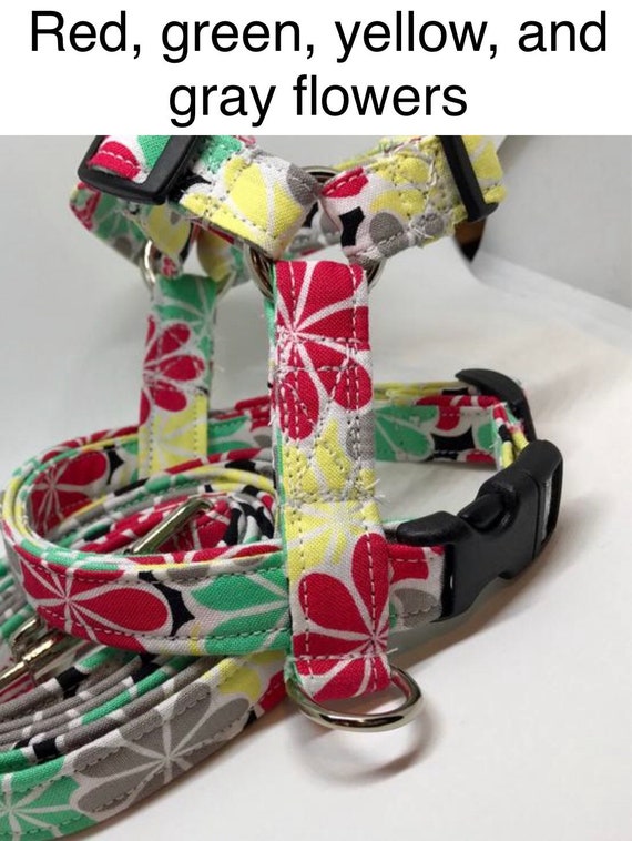 Dog Harness, Harness and Leash, Step in Harness, Standard Harness, Dog  Harness Set, Adjustable Harness, Mint, Yellow, Red, and Gray Flowers 