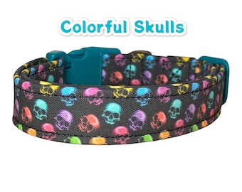 Skull dog collar, skull cat collar, rainbow, side release collar, washable collar, fabric collar, adjustable collar, multicolored skulls