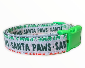 Dog collar, Christmas dog collar, Santa paws dog collar, fabric dog collar, adjustable, nylon dog collar, green, red, Santa paws, Christmas