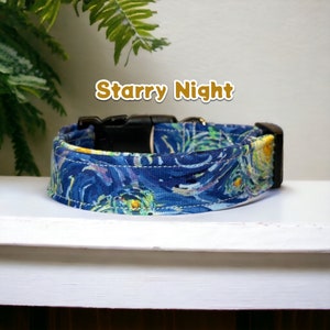 Starry Night dog collar, artistic design print, Side release adjustable, handmade washable fabric pet collar, blue and yellow pet collar