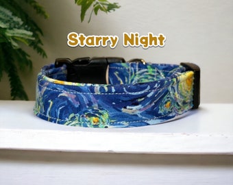 Starry Night dog collar, artistic design print, Side release adjustable, handmade washable fabric pet collar, blue and yellow pet collar