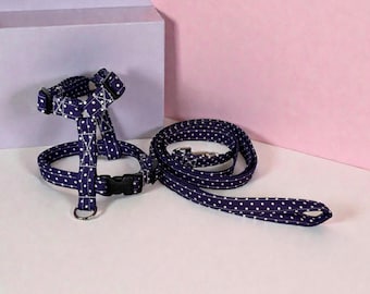 Purple polka dot Dog Harness and Leash Set: Adjustable Step-In or Roman Harness, matching leash optional, washable fabric, webbing core
