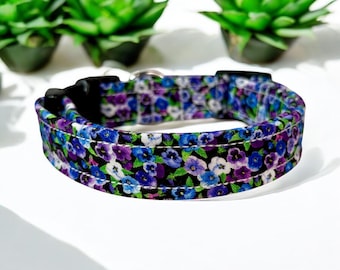 Purple Pansy floral dog collar, handmade fabric dog collar, side release adjustable dog collar, funny dog collars, washable, gifts for dogs